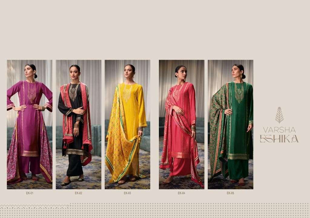 ESHIKA BY VARSHA FASHION 01 TO 05 SERIES BEAUTIFUL SUITS COLORFUL STYLISH FANCY CASUAL WEAR & ETHNIC WEAR VISCOSE SATIN DRESSES AT WHOLESALE PRICE