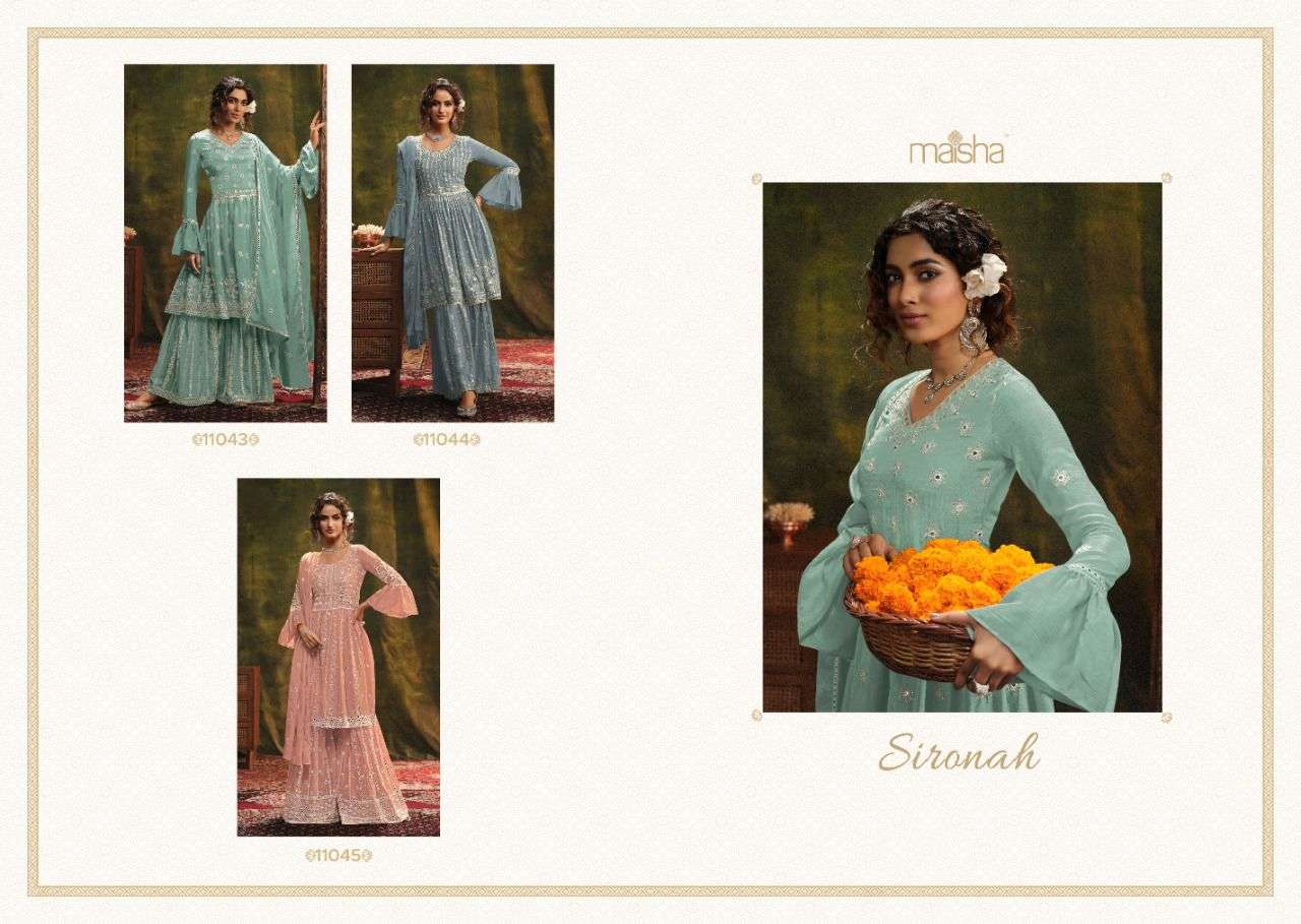 SIRONAH BY MAISHA 11043 TO 11045 SERIES BEAUTIFUL SHARARA SUITS COLORFUL STYLISH FANCY CASUAL WEAR & ETHNIC WEAR PURE CHINNON DRESSES AT WHOLESALE PRICE