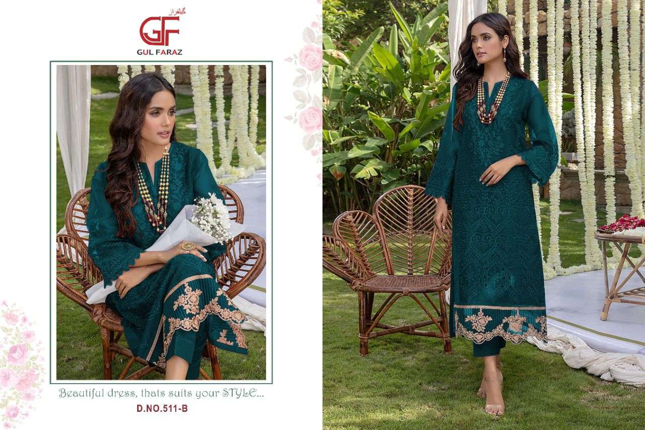 GUL FARAZ 511 COLOURS BY GUL FARAZ 511-A TO 511-D SERIES BEAUTIFUL PAKISTANI SUITS COLORFUL STYLISH FANCY CASUAL WEAR & ETHNIC WEAR FAUX GEORGETTE EMBROIDERED DRESSES AT WHOLESALE PRICE