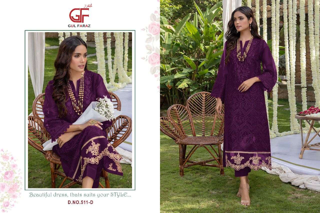 GUL FARAZ 511 COLOURS BY GUL FARAZ 511-A TO 511-D SERIES BEAUTIFUL PAKISTANI SUITS COLORFUL STYLISH FANCY CASUAL WEAR & ETHNIC WEAR FAUX GEORGETTE EMBROIDERED DRESSES AT WHOLESALE PRICE