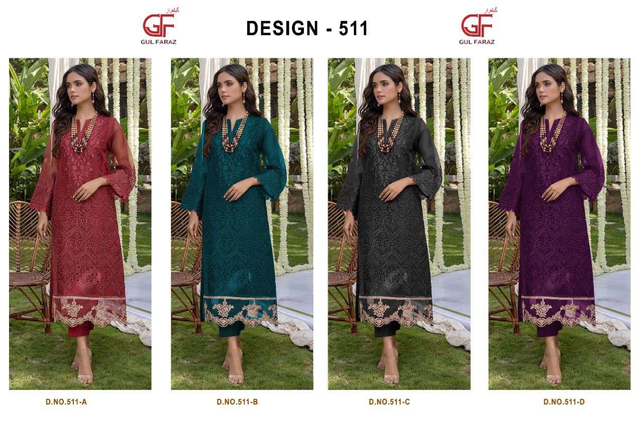 GUL FARAZ 511 COLOURS BY GUL FARAZ 511-A TO 511-D SERIES BEAUTIFUL PAKISTANI SUITS COLORFUL STYLISH FANCY CASUAL WEAR & ETHNIC WEAR FAUX GEORGETTE EMBROIDERED DRESSES AT WHOLESALE PRICE