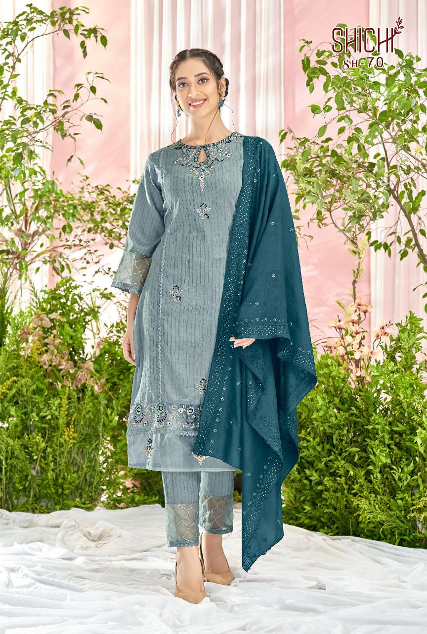 SAANJH BY SHICHI 67 TO 72 SERIES BEAUTIFUL SUITS COLORFUL STYLISH FANCY CASUAL WEAR & ETHNIC WEAR NYLON CHINNON DRESSES AT WHOLESALE PRICE