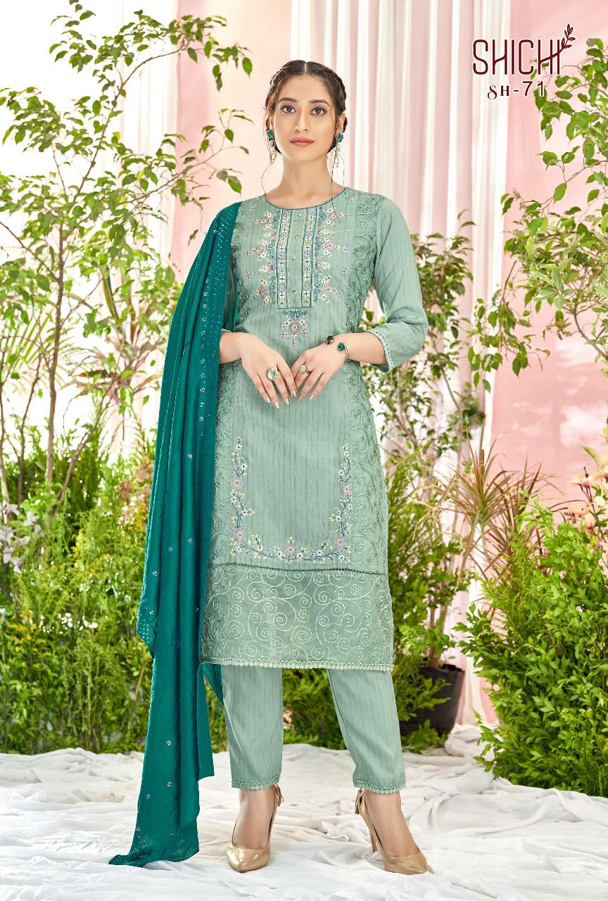 SAANJH BY SHICHI 67 TO 72 SERIES BEAUTIFUL SUITS COLORFUL STYLISH FANCY CASUAL WEAR & ETHNIC WEAR NYLON CHINNON DRESSES AT WHOLESALE PRICE