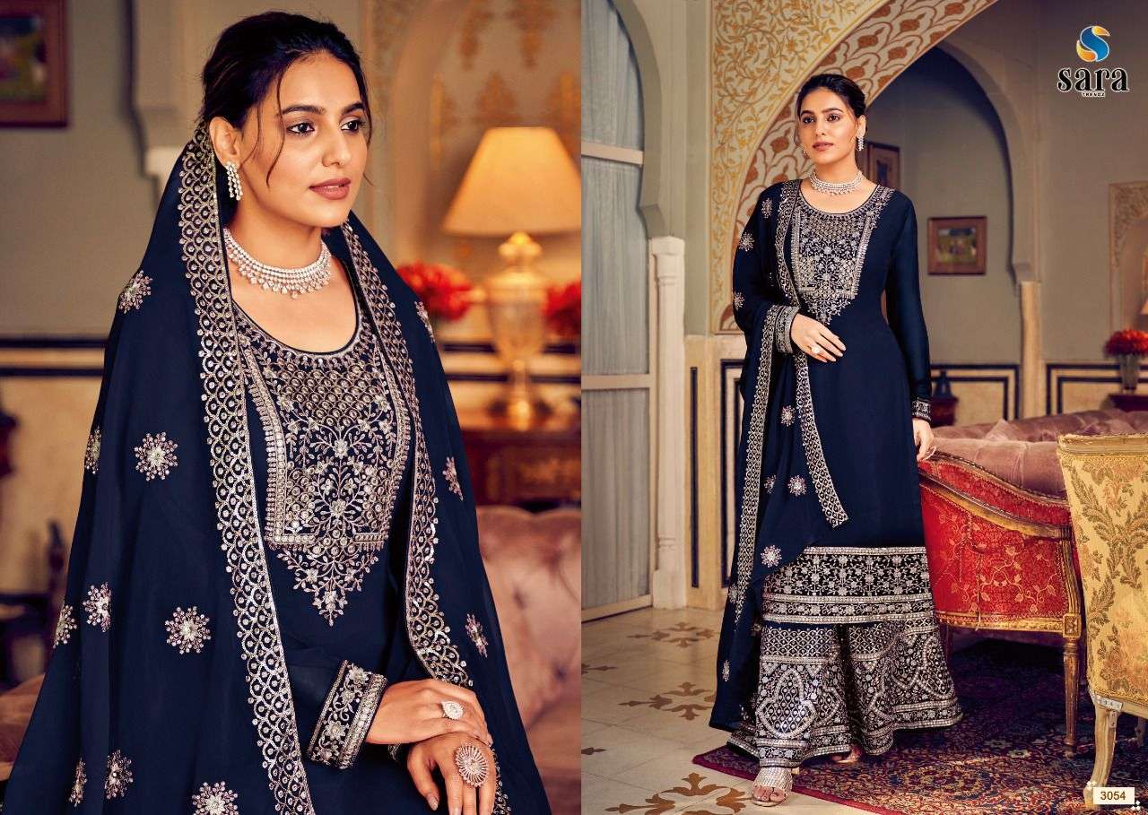 MORNI BY SARA TRENDZ 3051 TO 3054 SERIES BEAUTIFUL SHARARA SUITS COLORFUL STYLISH FANCY CASUAL WEAR & ETHNIC WEAR GEORGETTE EMBROIDERED DRESSES AT WHOLESALE PRICE