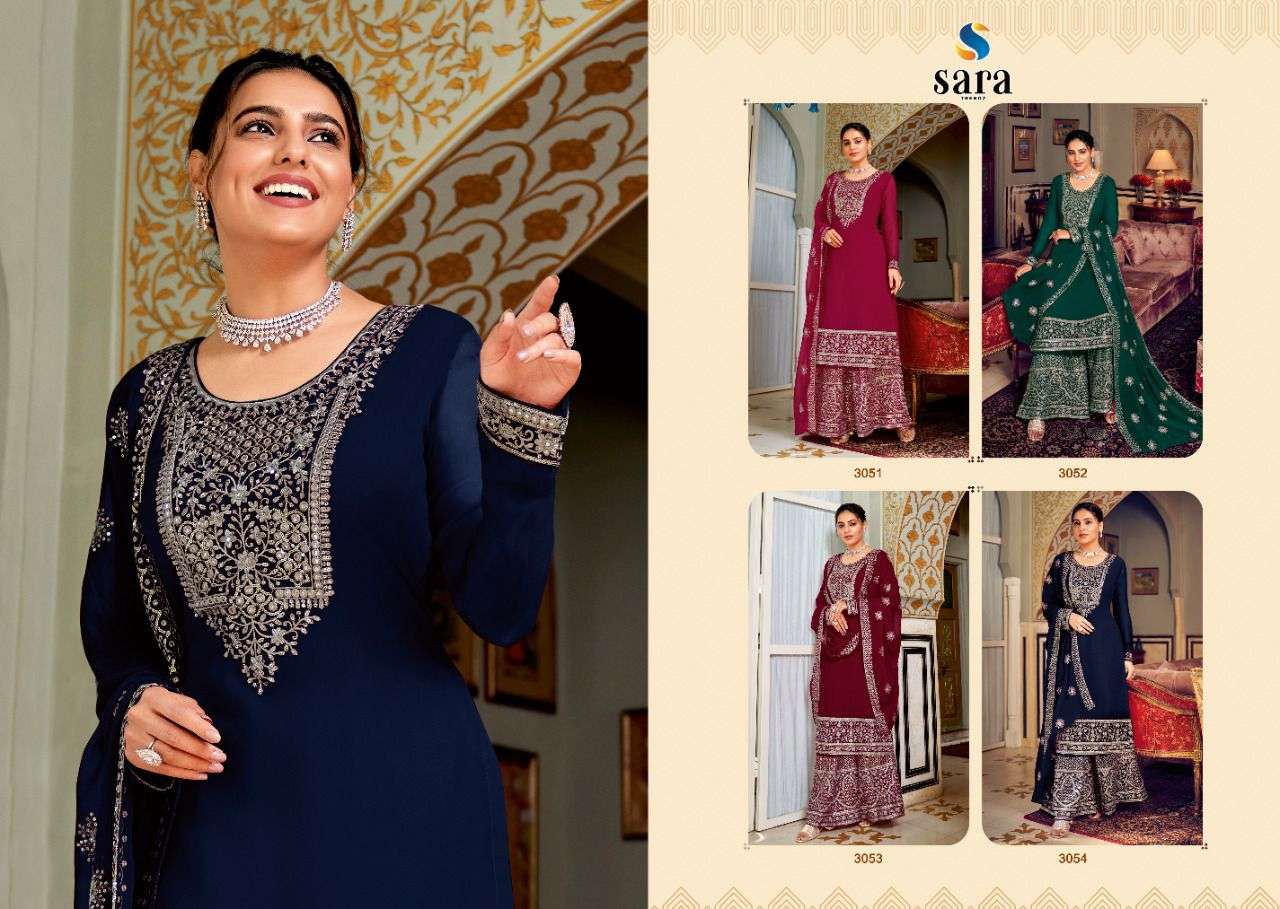 MORNI BY SARA TRENDZ 3051 TO 3054 SERIES BEAUTIFUL SHARARA SUITS COLORFUL STYLISH FANCY CASUAL WEAR & ETHNIC WEAR GEORGETTE EMBROIDERED DRESSES AT WHOLESALE PRICE