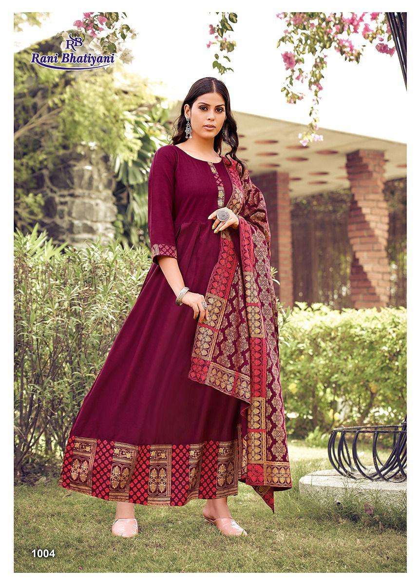 MASTANI VOL-1 BY RANI BHATIYANI 1001 TO 1008 SERIES BEAUTIFUL STYLISH FANCY COLORFUL CASUAL WEAR & ETHNIC WEAR RAYON SLUB GOWNS WITH DUPATTA AT WHOLESALE PRICE