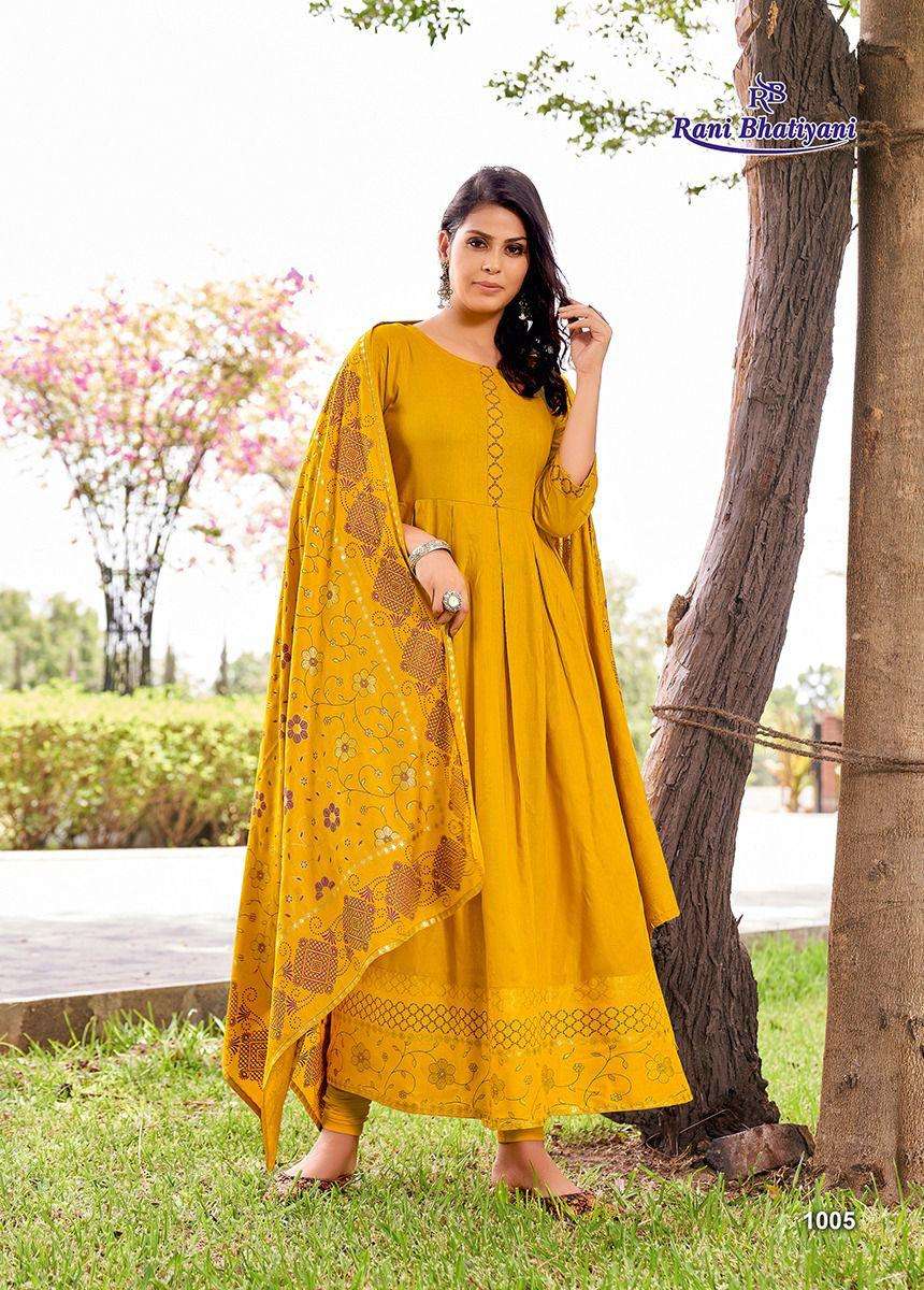 MASTANI VOL-1 BY RANI BHATIYANI 1001 TO 1008 SERIES BEAUTIFUL STYLISH FANCY COLORFUL CASUAL WEAR & ETHNIC WEAR RAYON SLUB GOWNS WITH DUPATTA AT WHOLESALE PRICE