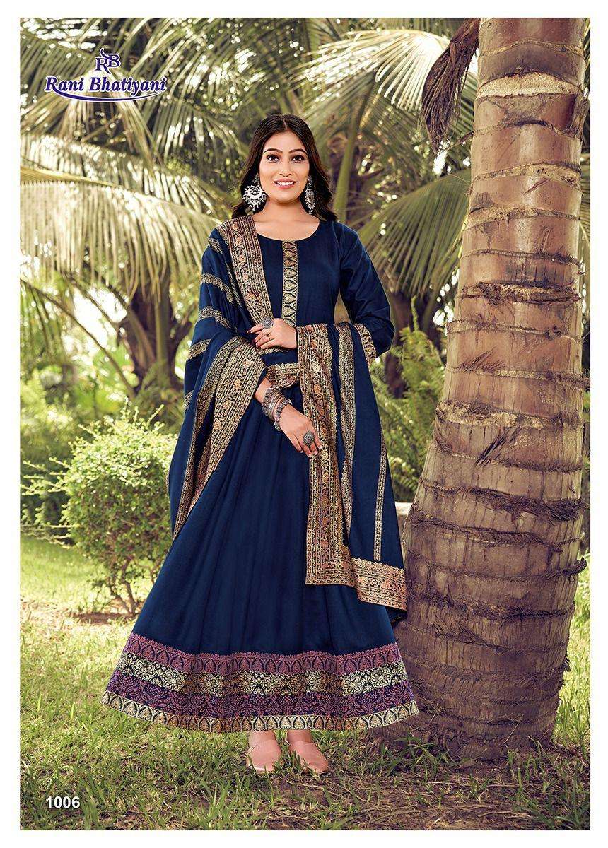 MASTANI VOL-1 BY RANI BHATIYANI 1001 TO 1008 SERIES BEAUTIFUL STYLISH FANCY COLORFUL CASUAL WEAR & ETHNIC WEAR RAYON SLUB GOWNS WITH DUPATTA AT WHOLESALE PRICE