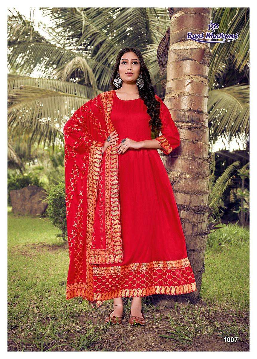 MASTANI VOL-1 BY RANI BHATIYANI 1001 TO 1008 SERIES BEAUTIFUL STYLISH FANCY COLORFUL CASUAL WEAR & ETHNIC WEAR RAYON SLUB GOWNS WITH DUPATTA AT WHOLESALE PRICE
