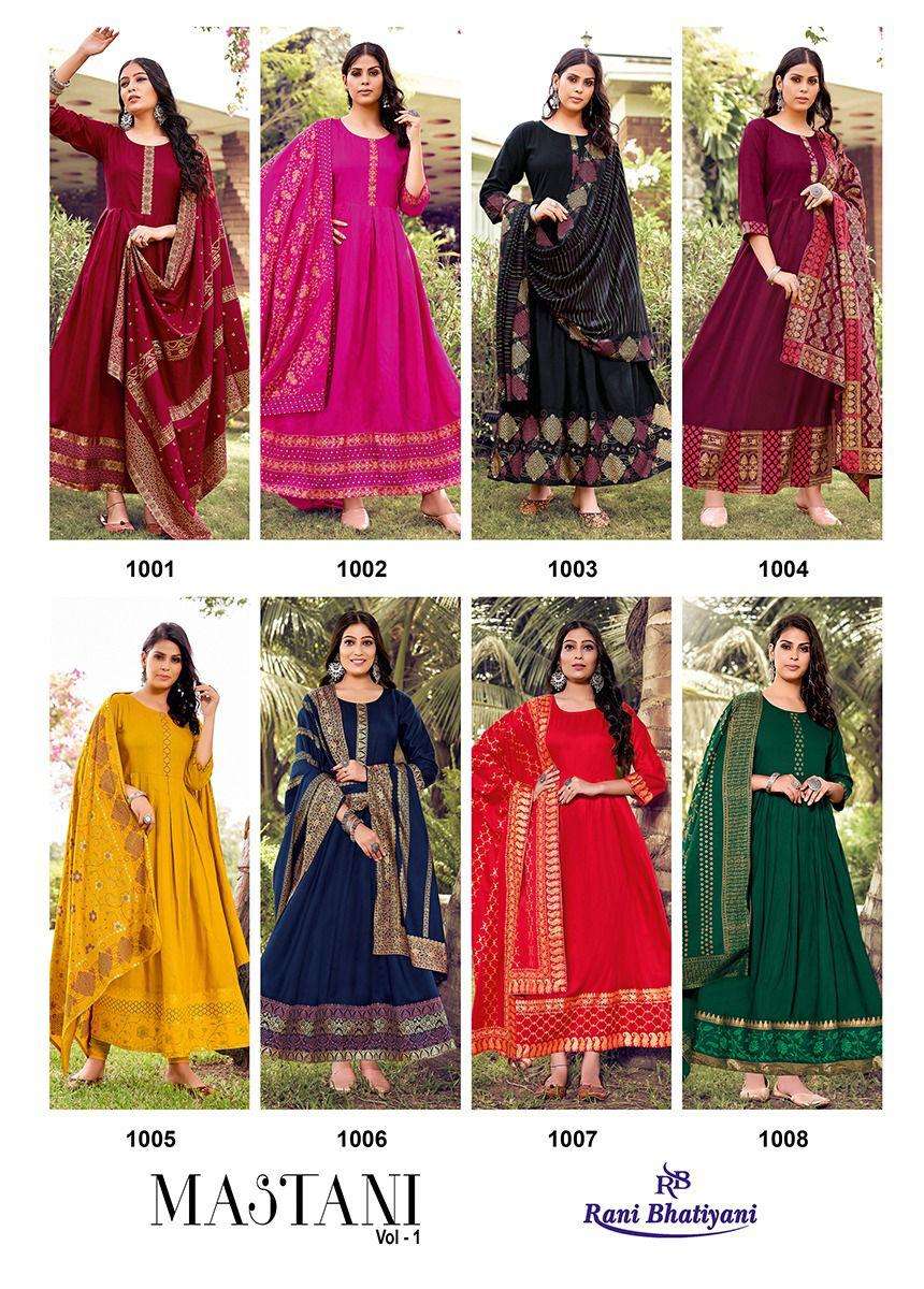 MASTANI VOL-1 BY RANI BHATIYANI 1001 TO 1008 SERIES BEAUTIFUL STYLISH FANCY COLORFUL CASUAL WEAR & ETHNIC WEAR RAYON SLUB GOWNS WITH DUPATTA AT WHOLESALE PRICE