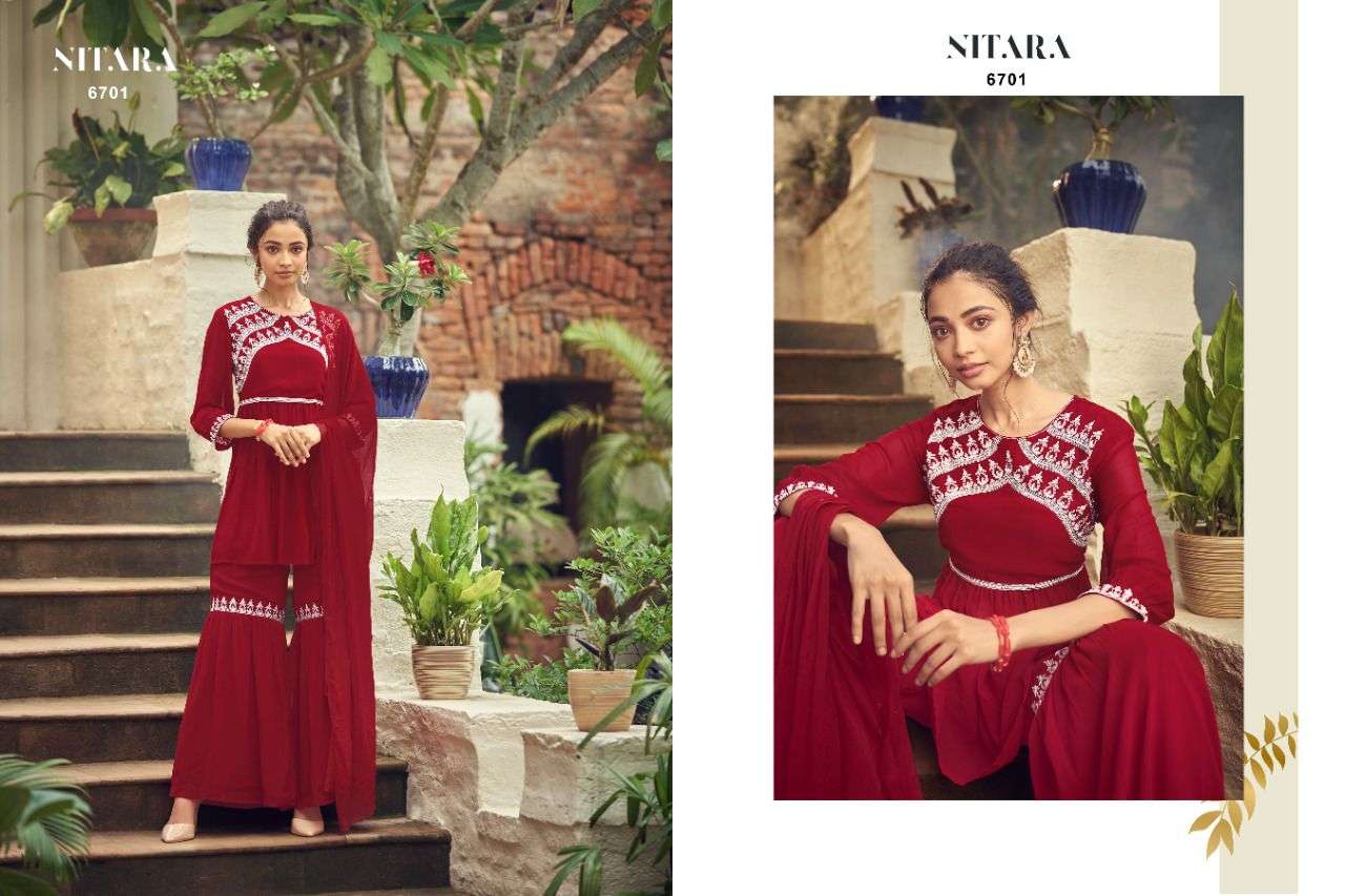 GHAZAL VOL-2 BY NITARA 6701 TO 6706 SERIES BEAUTIFUL SHARARA SUITS COLORFUL STYLISH FANCY CASUAL WEAR & ETHNIC WEAR GEORGETTE DRESSES AT WHOLESALE PRICE