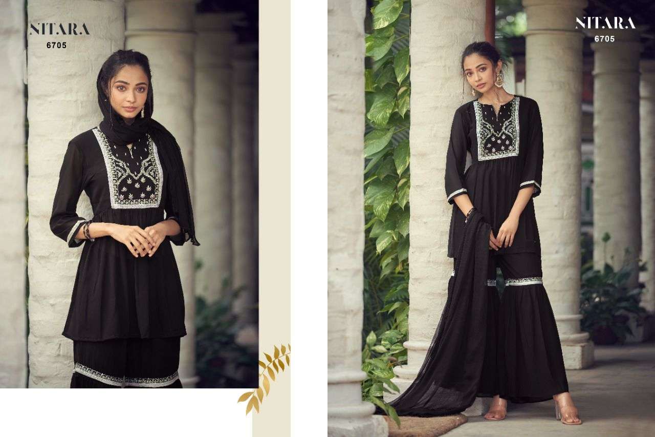GHAZAL VOL-2 BY NITARA 6701 TO 6706 SERIES BEAUTIFUL SHARARA SUITS COLORFUL STYLISH FANCY CASUAL WEAR & ETHNIC WEAR GEORGETTE DRESSES AT WHOLESALE PRICE