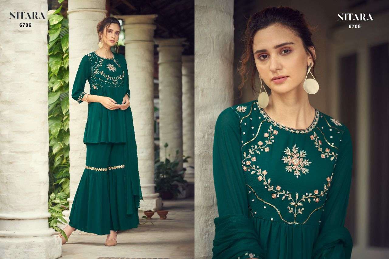 GHAZAL VOL-2 BY NITARA 6701 TO 6706 SERIES BEAUTIFUL SHARARA SUITS COLORFUL STYLISH FANCY CASUAL WEAR & ETHNIC WEAR GEORGETTE DRESSES AT WHOLESALE PRICE