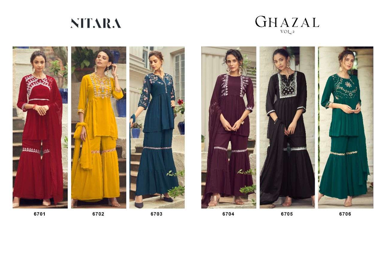 GHAZAL VOL-2 BY NITARA 6701 TO 6706 SERIES BEAUTIFUL SHARARA SUITS COLORFUL STYLISH FANCY CASUAL WEAR & ETHNIC WEAR GEORGETTE DRESSES AT WHOLESALE PRICE