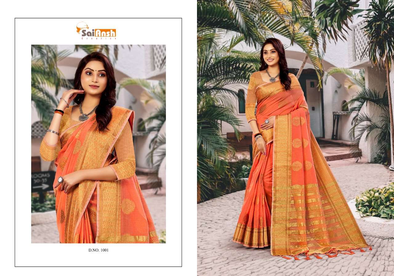BRINDA BY SAI ANSH 1001 TO 1006 SERIES INDIAN TRADITIONAL WEAR COLLECTION BEAUTIFUL STYLISH FANCY COLORFUL PARTY WEAR & OCCASIONAL WEAR PURE LINEN SAREES AT WHOLESALE PRICE