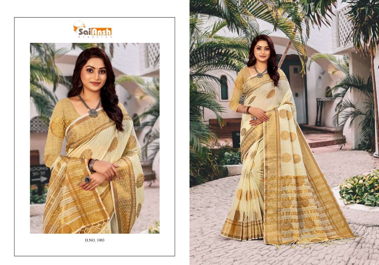 BRINDA BY SAI ANSH 1001 TO 1006 SERIES INDIAN TRADITIONAL WEAR COLLECTION BEAUTIFUL STYLISH FANCY COLORFUL PARTY WEAR & OCCASIONAL WEAR PURE LINEN SAREES AT WHOLESALE PRICE