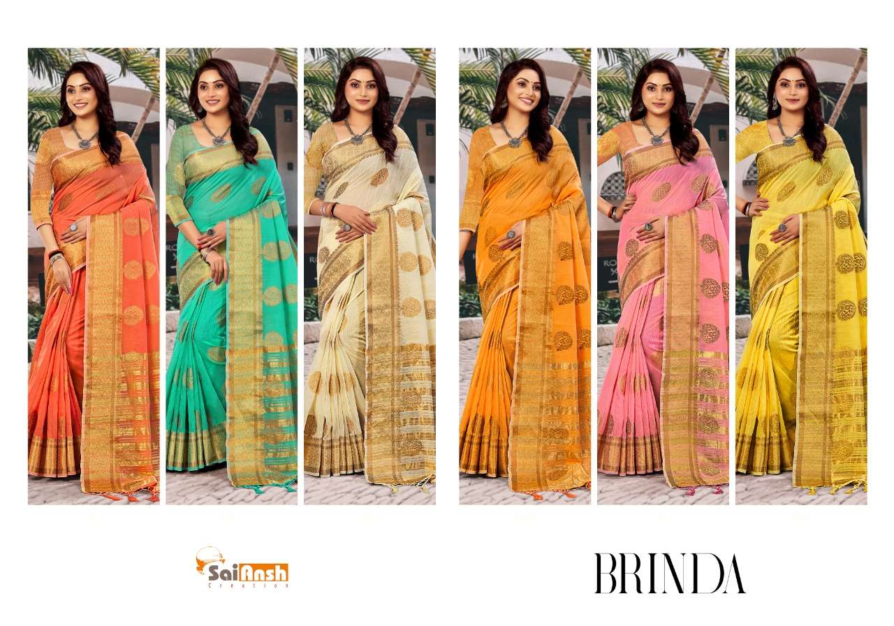 BRINDA BY SAI ANSH 1001 TO 1006 SERIES INDIAN TRADITIONAL WEAR COLLECTION BEAUTIFUL STYLISH FANCY COLORFUL PARTY WEAR & OCCASIONAL WEAR PURE LINEN SAREES AT WHOLESALE PRICE