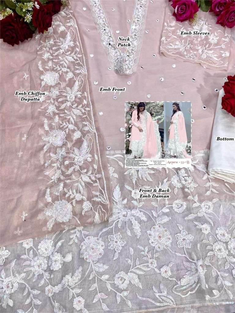 AAYARA 33 COLOURS BY LAAIBAH DESIGNER 33-A TO 33-D SERIES BEAUTIFUL STYLISH PAKISATNI SUITS FANCY COLORFUL CASUAL WEAR & ETHNIC WEAR & READY TO WEAR FAUX GEORGETTE WITH EMBROIDERY DRESSES AT WHOLESALE PRICE