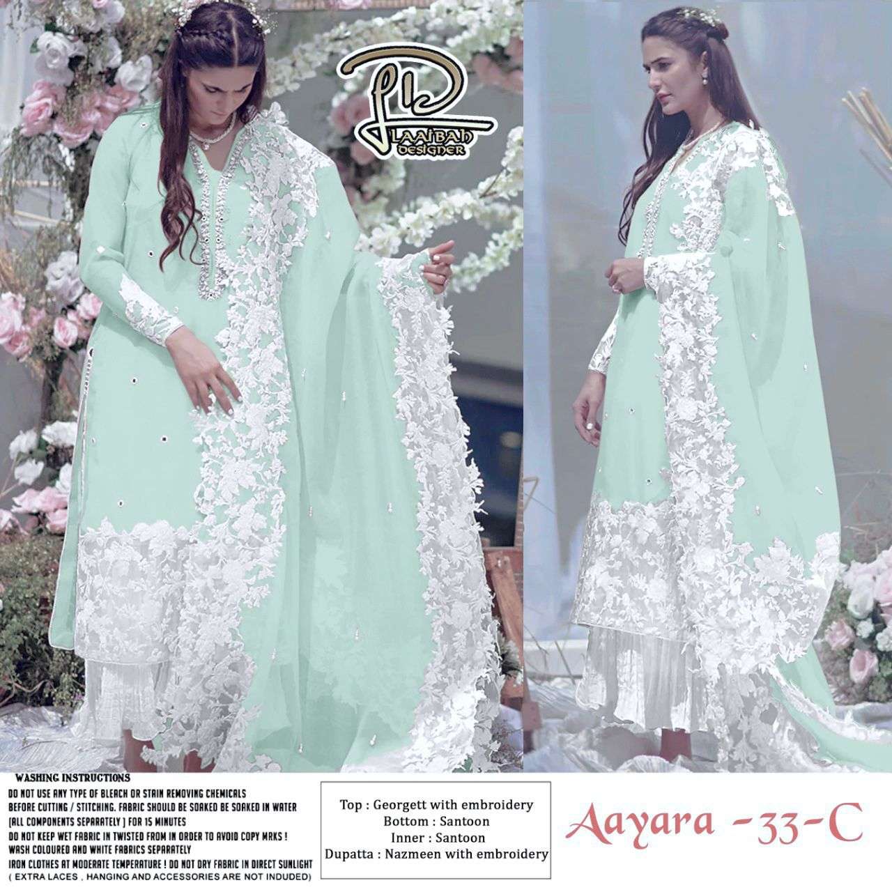 AAYARA 33 COLOURS BY LAAIBAH DESIGNER 33-A TO 33-D SERIES BEAUTIFUL STYLISH PAKISATNI SUITS FANCY COLORFUL CASUAL WEAR & ETHNIC WEAR & READY TO WEAR FAUX GEORGETTE WITH EMBROIDERY DRESSES AT WHOLESALE PRICE
