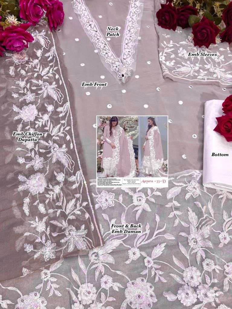 AAYARA 33 COLOURS BY LAAIBAH DESIGNER 33-A TO 33-D SERIES BEAUTIFUL STYLISH PAKISATNI SUITS FANCY COLORFUL CASUAL WEAR & ETHNIC WEAR & READY TO WEAR FAUX GEORGETTE WITH EMBROIDERY DRESSES AT WHOLESALE PRICE