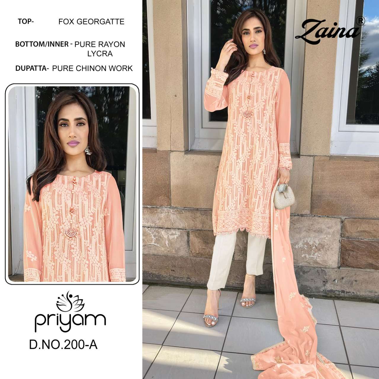 ZAINA 200 SERIES BY PRIYAM 200-A TO 207-B SERIES BEAUTIFUL PAKISTANI SUITS COLORFUL STYLISH FANCY CASUAL WEAR & ETHNIC WEAR FAUX GEORGETTE DRESSES AT WHOLESALE PRICE