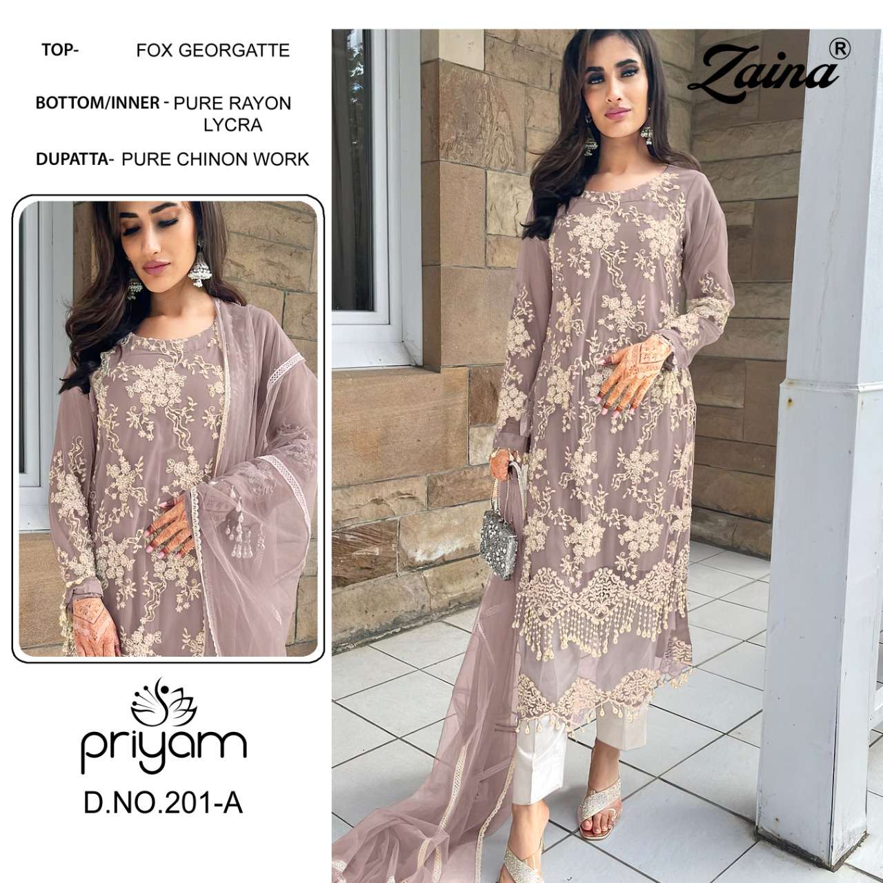 ZAINA 200 SERIES BY PRIYAM 200-A TO 207-B SERIES BEAUTIFUL PAKISTANI SUITS COLORFUL STYLISH FANCY CASUAL WEAR & ETHNIC WEAR FAUX GEORGETTE DRESSES AT WHOLESALE PRICE