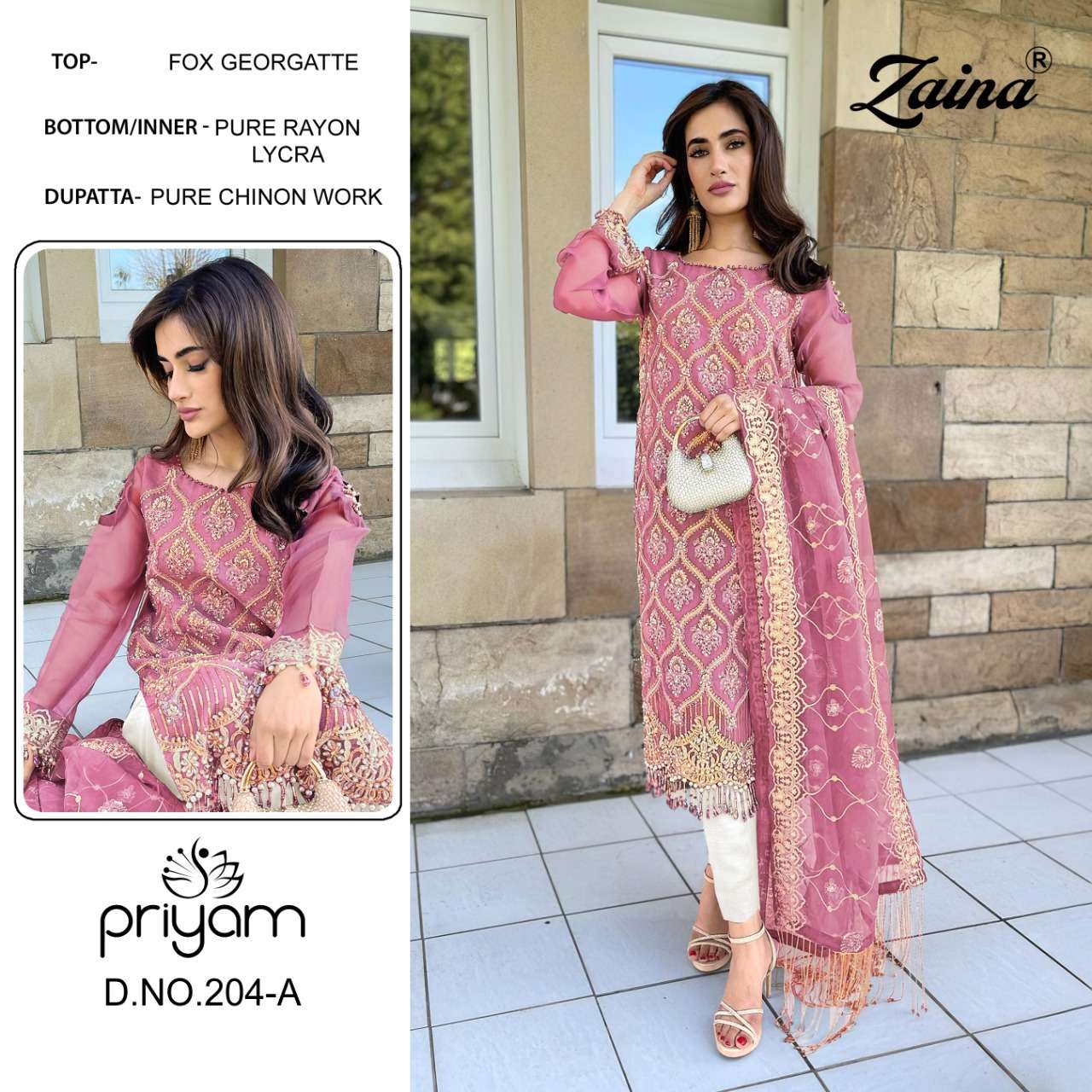 ZAINA 200 SERIES BY PRIYAM 200-A TO 207-B SERIES BEAUTIFUL PAKISTANI SUITS COLORFUL STYLISH FANCY CASUAL WEAR & ETHNIC WEAR FAUX GEORGETTE DRESSES AT WHOLESALE PRICE