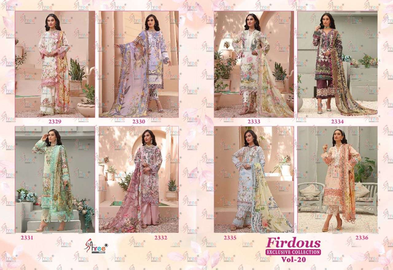 FIRDOUS EXCLUSIVE COLLECTION VOL-20 BY SHREE FABS 2329 TO 2336 SERIES DESIGNER PAKISTANI SUITS BEAUTIFUL FANCY STYLISH COLORFUL PARTY WEAR & OCCASIONAL WEAR PURE LAWN COTTON PRINT WITH EMBROIDERY DRESSES AT WHOLESALE PRICE