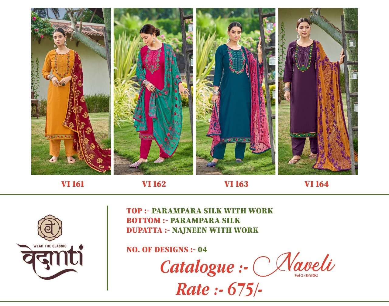 NAVELI VOL-2 BY VEDANTI 161 TO 164 SERIES BEAUTIFUL SUITS COLORFUL STYLISH FANCY CASUAL WEAR & ETHNIC WEAR SILK WITH WORK DRESSES AT WHOLESALE PRICE