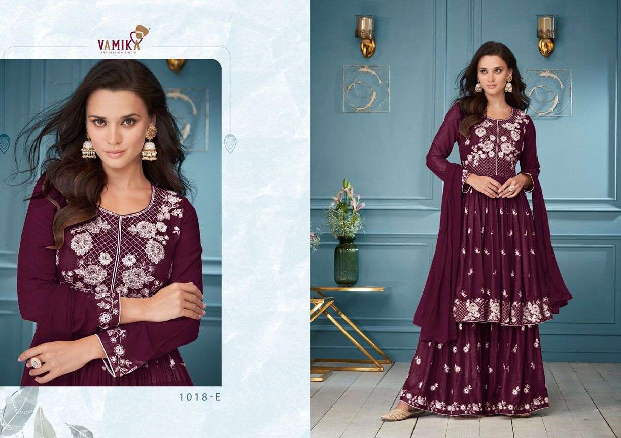 LAKHNAVI VOL-3 DARK COLOURS BY VAMIKA 1018-E TO 1018-H SERIES BEAUTIFUL SHARARA SUITS COLORFUL STYLISH FANCY CASUAL WEAR & ETHNIC WEAR RAYON WITH WORK DRESSES AT WHOLESALE PRICE