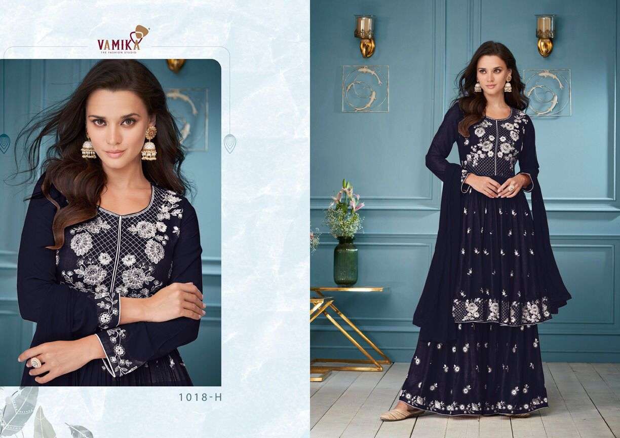 LAKHNAVI VOL-3 DARK COLOURS BY VAMIKA 1018-E TO 1018-H SERIES BEAUTIFUL SHARARA SUITS COLORFUL STYLISH FANCY CASUAL WEAR & ETHNIC WEAR RAYON WITH WORK DRESSES AT WHOLESALE PRICE