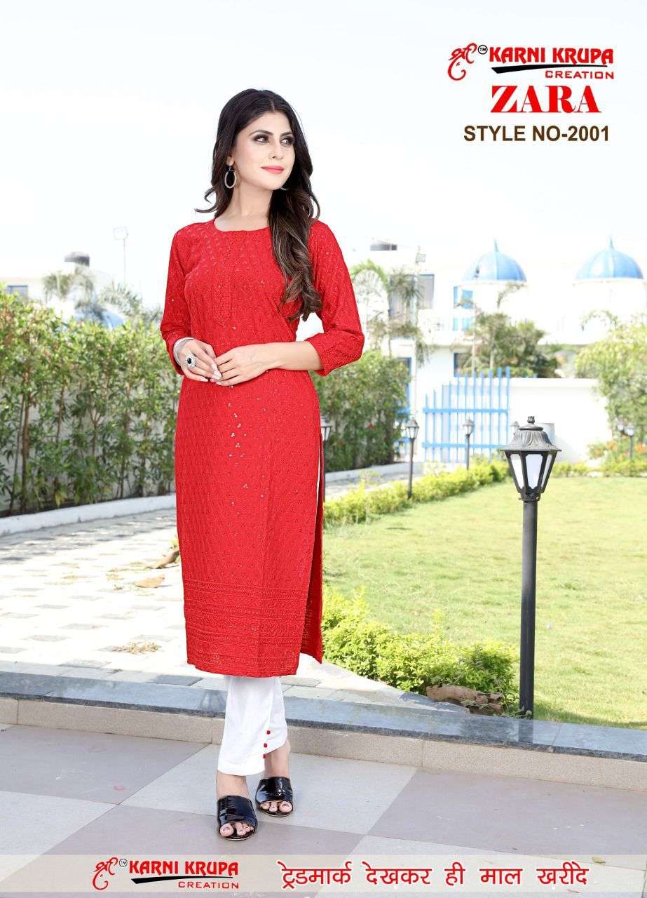 ZARA BY KARNI KRUPA CREATION 1001 TO 1008 SERIES DESIGNER STYLISH FANCY COLORFUL BEAUTIFUL PARTY WEAR & ETHNIC WEAR COLLECTION RAYON WITH WORK KURTIS WITH BOTTOM AT WHOLESALE PRICE
