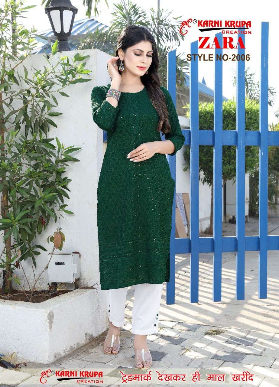 ZARA BY KARNI KRUPA CREATION 1001 TO 1008 SERIES DESIGNER STYLISH FANCY COLORFUL BEAUTIFUL PARTY WEAR & ETHNIC WEAR COLLECTION RAYON WITH WORK KURTIS WITH BOTTOM AT WHOLESALE PRICE