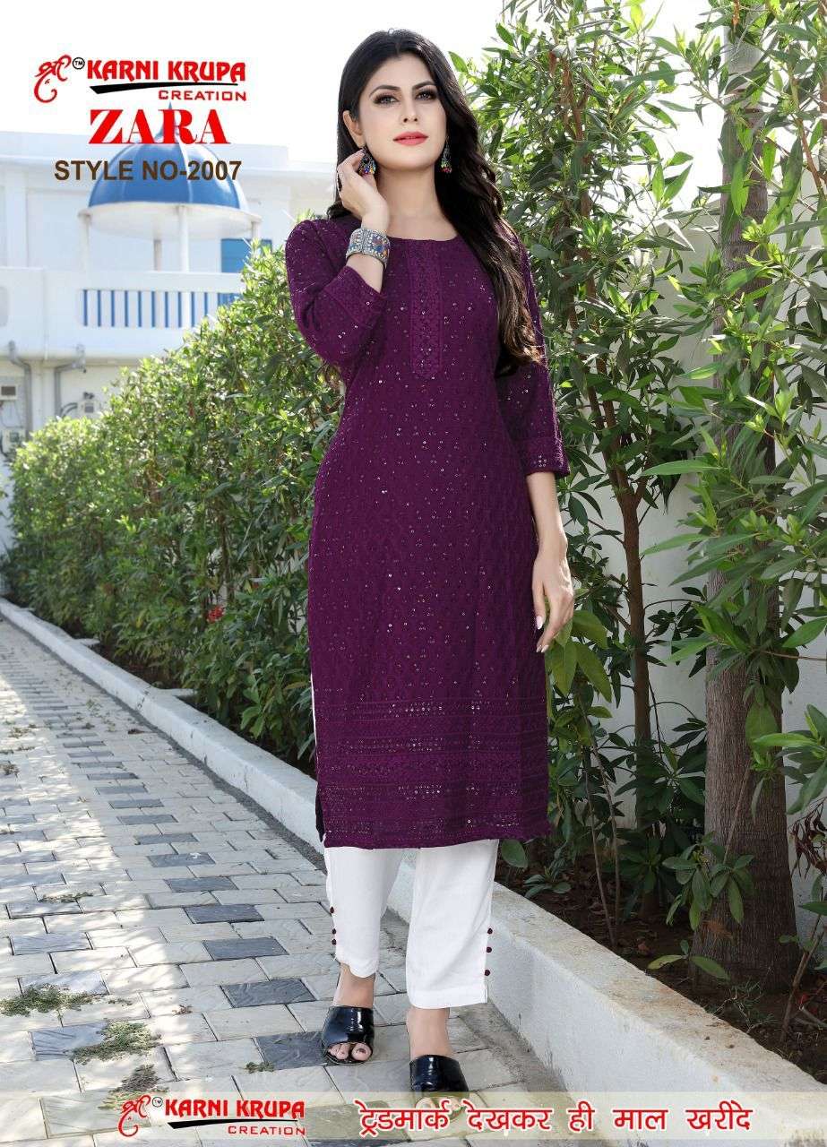 ZARA BY KARNI KRUPA CREATION 1001 TO 1008 SERIES DESIGNER STYLISH FANCY COLORFUL BEAUTIFUL PARTY WEAR & ETHNIC WEAR COLLECTION RAYON WITH WORK KURTIS WITH BOTTOM AT WHOLESALE PRICE