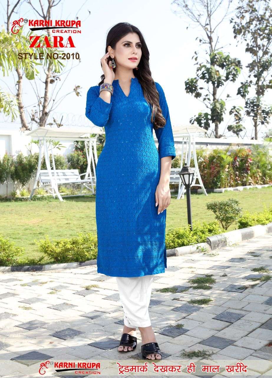 ZARA BY KARNI KRUPA CREATION 1001 TO 1008 SERIES DESIGNER STYLISH FANCY COLORFUL BEAUTIFUL PARTY WEAR & ETHNIC WEAR COLLECTION RAYON WITH WORK KURTIS WITH BOTTOM AT WHOLESALE PRICE