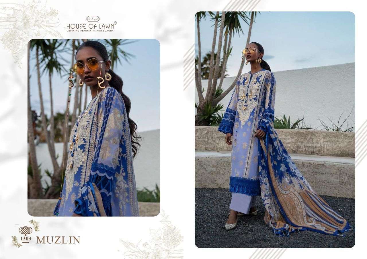 SANA SAFINA MUZLIN BY HOUSE OF LAWN 1301 TO 1306 SERIES BEAUTIFUL SUITS COLORFUL STYLISH FANCY CASUAL WEAR & ETHNIC WEAR PURE LAWN PRINT DRESSES AT WHOLESALE PRICE