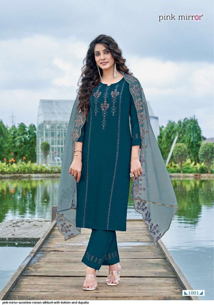 SUNSHINE BY PINK MIRROR 1001 TO 1006 SERIES BEAUTIFUL SUITS COLORFUL STYLISH FANCY CASUAL WEAR & ETHNIC WEAR SILK EMBROIDERED DRESSES AT WHOLESALE PRICE