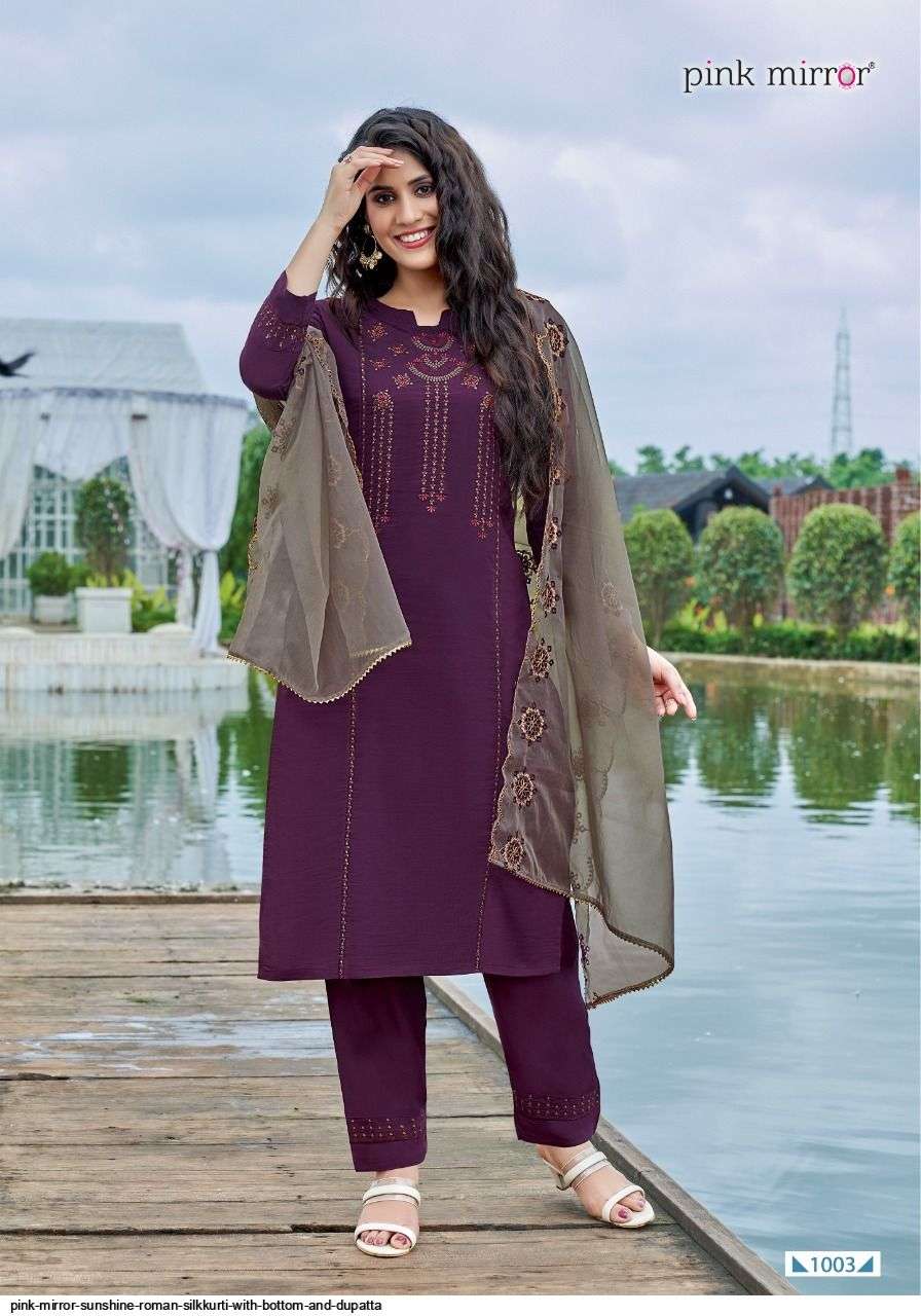SUNSHINE BY PINK MIRROR 1001 TO 1006 SERIES BEAUTIFUL SUITS COLORFUL STYLISH FANCY CASUAL WEAR & ETHNIC WEAR SILK EMBROIDERED DRESSES AT WHOLESALE PRICE