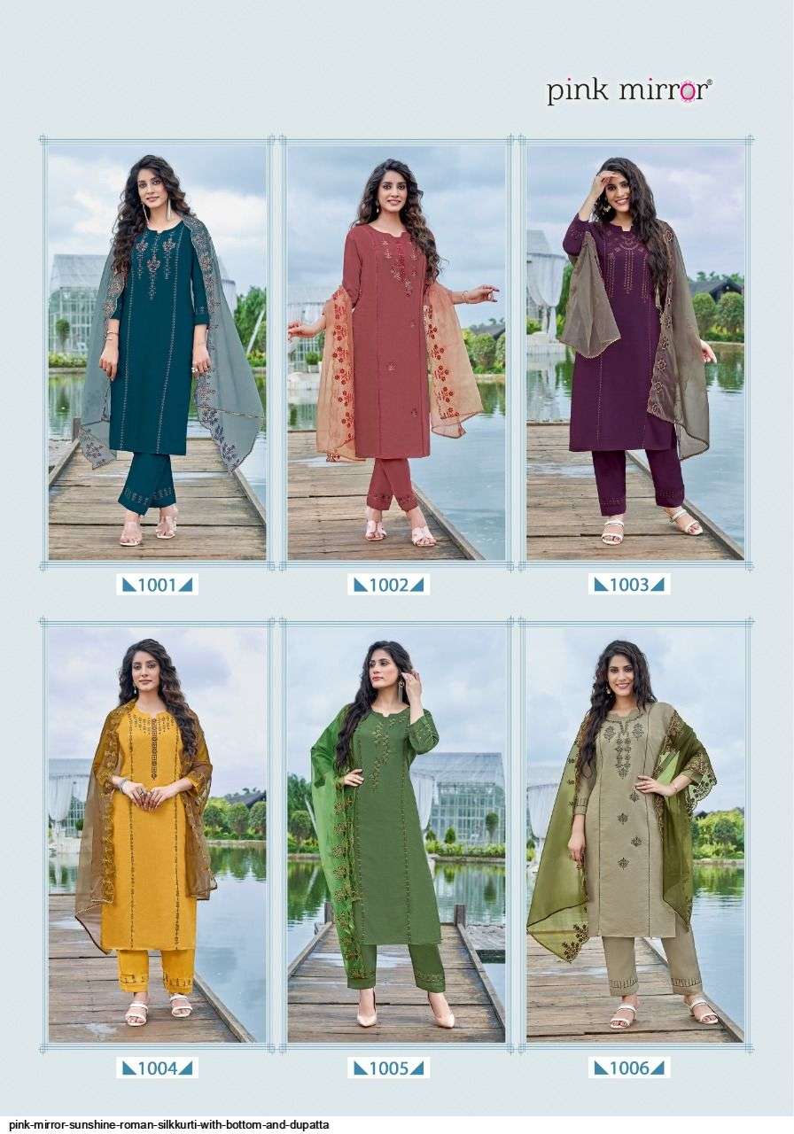 SUNSHINE BY PINK MIRROR 1001 TO 1006 SERIES BEAUTIFUL SUITS COLORFUL STYLISH FANCY CASUAL WEAR & ETHNIC WEAR SILK EMBROIDERED DRESSES AT WHOLESALE PRICE