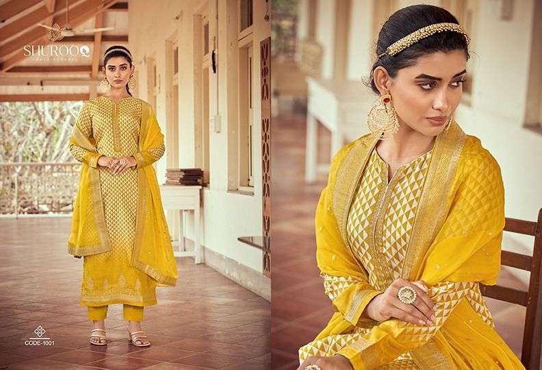HARNAAZ BY SHUROOQ 1001 TO 1004 SERIES BEAUTIFUL SUITS COLORFUL STYLISH FANCY CASUAL WEAR & ETHNIC WEAR PURE SILK JACQUARD DRESSES AT WHOLESALE PRICE