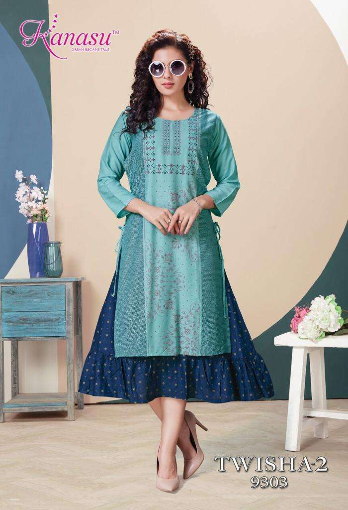 TWISHA VOL-2 BY KANASU 9301 TO 9308 SERIES DESIGNER STYLISH FANCY COLORFUL BEAUTIFUL PARTY WEAR & ETHNIC WEAR COLLECTION PURE RAYON KURTIS AT WHOLESALE PRICE