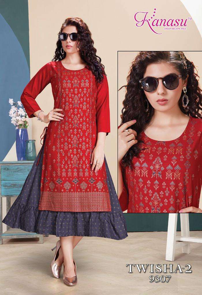 TWISHA VOL-2 BY KANASU 9301 TO 9308 SERIES DESIGNER STYLISH FANCY COLORFUL BEAUTIFUL PARTY WEAR & ETHNIC WEAR COLLECTION PURE RAYON KURTIS AT WHOLESALE PRICE