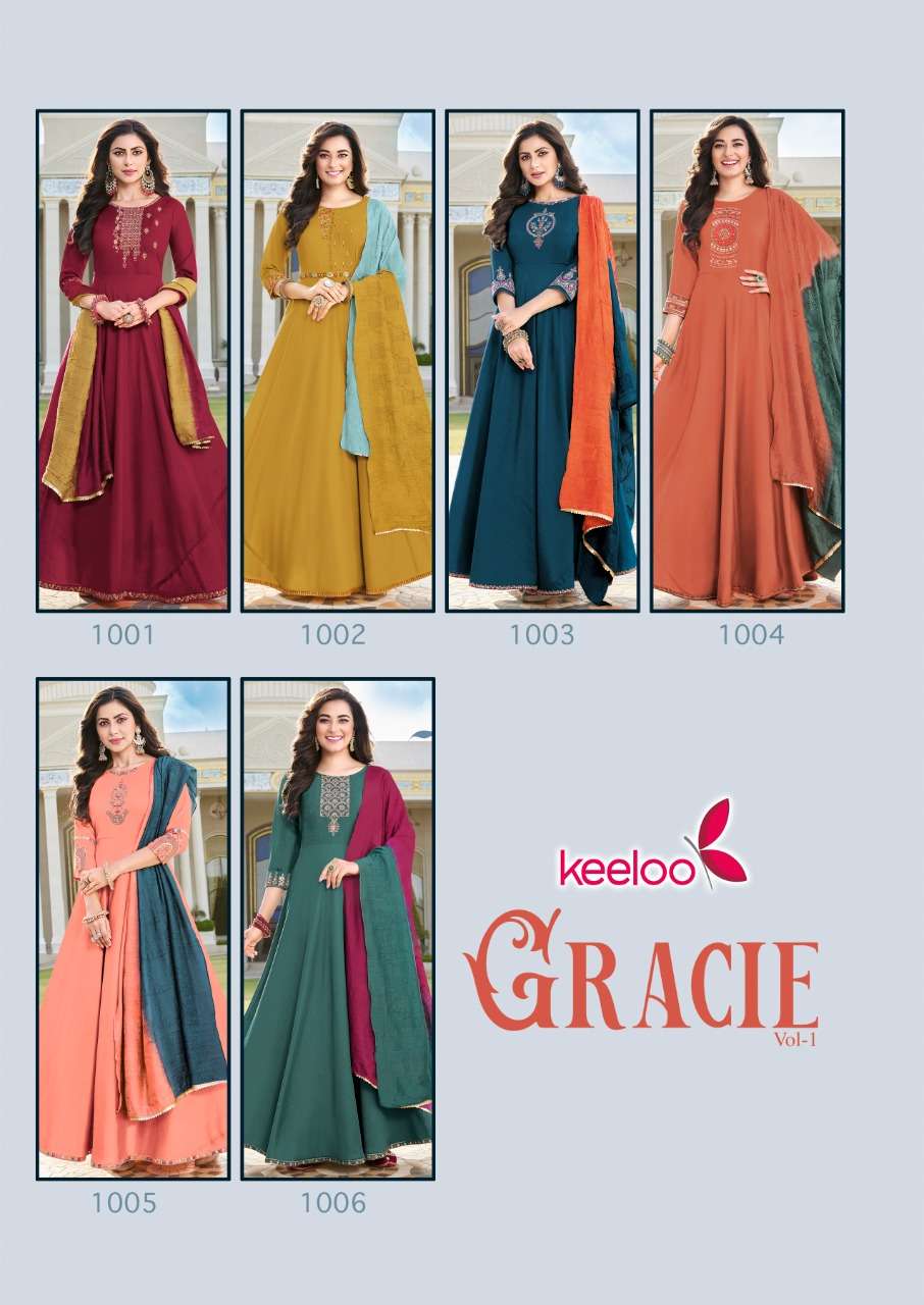 GRACIE VOL-1 BY KEELOO 1001 TO 1006 SERIES BEAUTIFUL STYLISH FANCY COLORFUL CASUAL WEAR & ETHNIC WEAR VISCOSE SLUB GOWNS WITH DUPATTA AT WHOLESALE PRICE