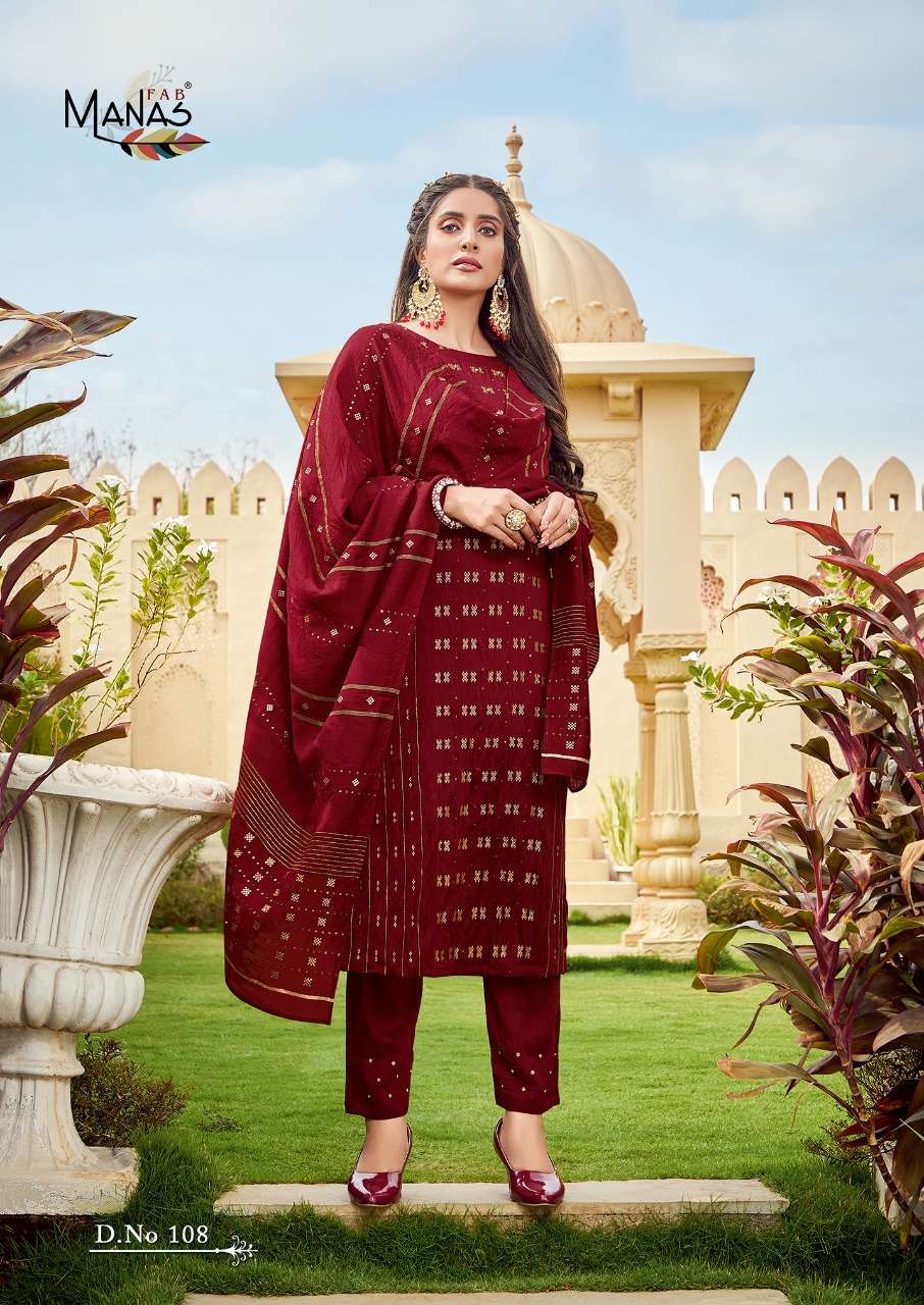 MAHER VOL-2 BY MANAS FAB 107 TO 112 SERIES BEAUTIFUL SUITS COLORFUL STYLISH FANCY CASUAL WEAR & ETHNIC WEAR PURE VISCOSE JACQUARD WITH WORK DRESSES AT WHOLESALE PRICE