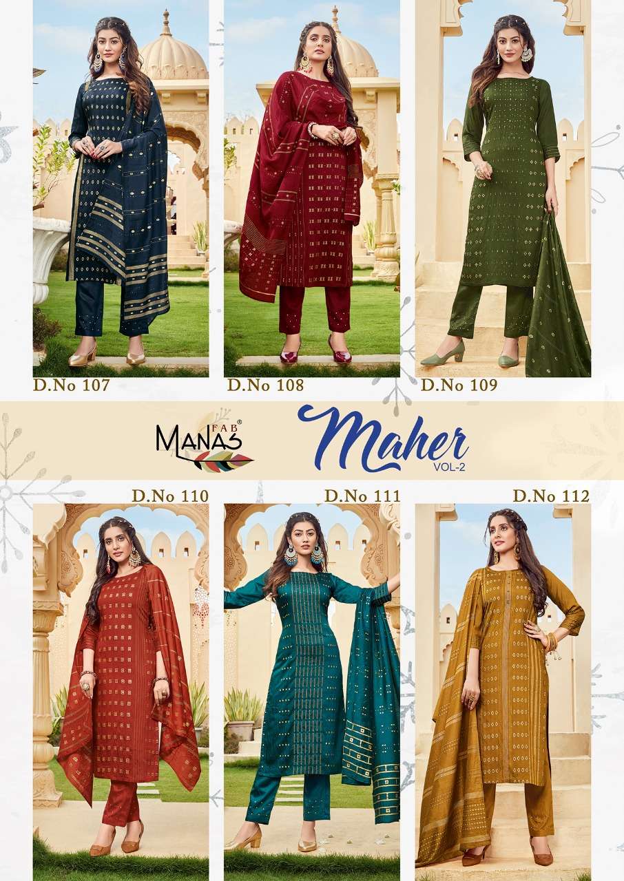 MAHER VOL-2 BY MANAS FAB 107 TO 112 SERIES BEAUTIFUL SUITS COLORFUL STYLISH FANCY CASUAL WEAR & ETHNIC WEAR PURE VISCOSE JACQUARD WITH WORK DRESSES AT WHOLESALE PRICE