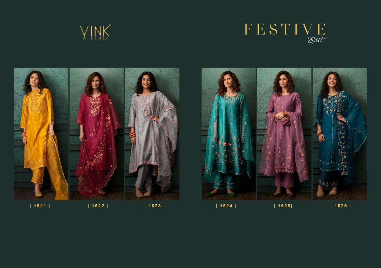FESTIVE EDIT BY VINK 1621 TO 1626 SERIES BEAUTIFUL SUITS COLORFUL STYLISH FANCY CASUAL WEAR & ETHNIC WEAR CHINNON SILK DRESSES AT WHOLESALE PRICE