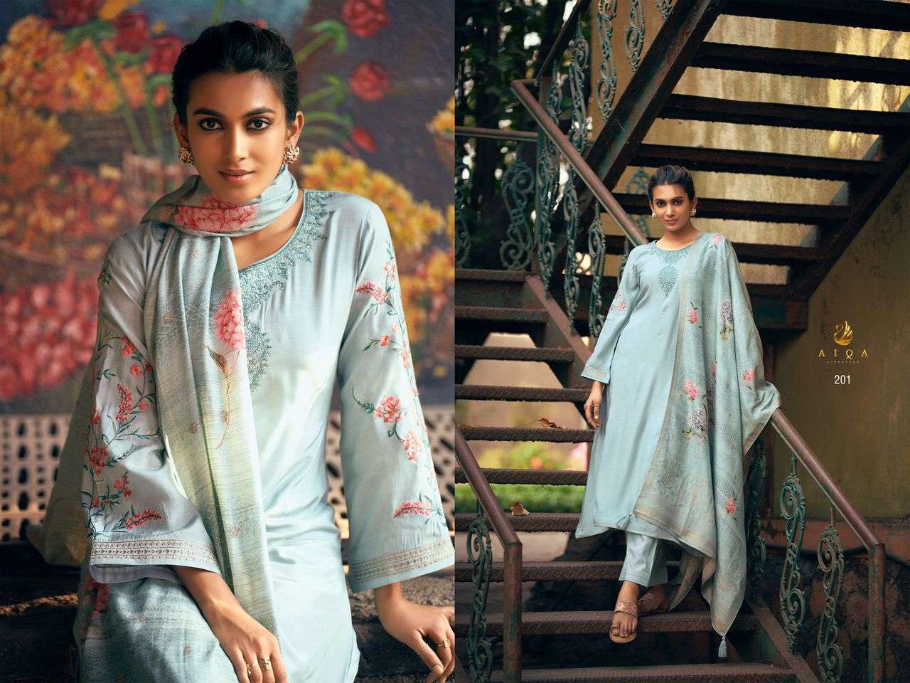 JASHNE ALAM BY AIQA 201 TO 208 SERIES BEAUTIFUL SUITS COLORFUL STYLISH FANCY CASUAL WEAR & ETHNIC WEAR MUSLIN SILK DRESSES AT WHOLESALE PRICE