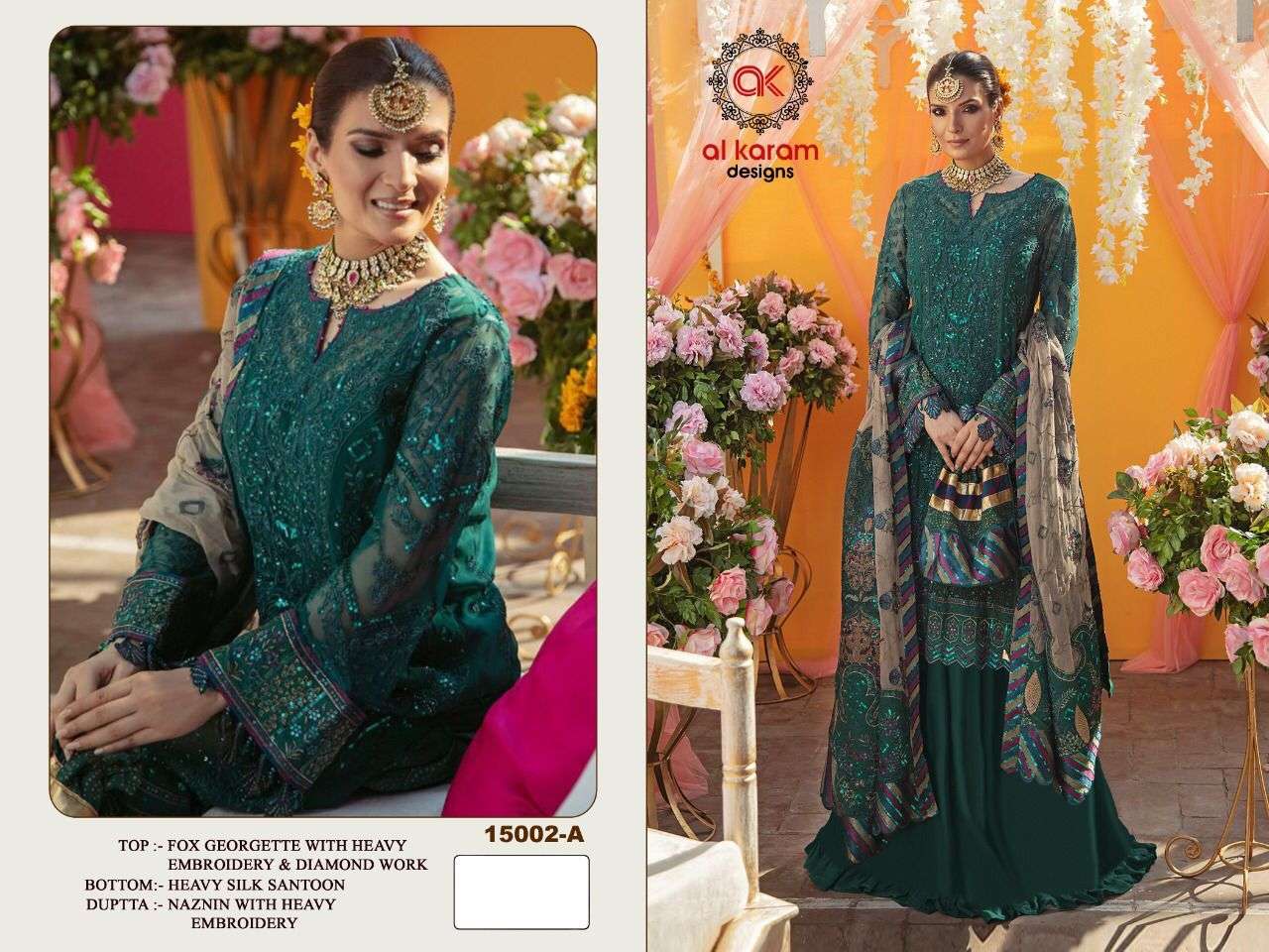 AL KARAM 15002 COLOURS BY AL KARAM DESIGNS 15002-A TO 15002-E SERIES DESIGNER PAKISTANI SUITS BEAUTIFUL STYLISH FANCY COLORFUL PARTY WEAR & OCCASIONAL WEAR HEAVY GEORGETTE EMBROIDERED DRESSES AT WHOLESALE PRICE