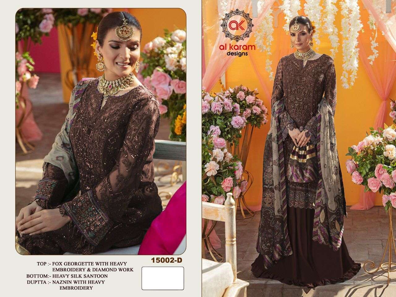 AL KARAM 15002 COLOURS BY AL KARAM DESIGNS 15002-A TO 15002-E SERIES DESIGNER PAKISTANI SUITS BEAUTIFUL STYLISH FANCY COLORFUL PARTY WEAR & OCCASIONAL WEAR HEAVY GEORGETTE EMBROIDERED DRESSES AT WHOLESALE PRICE