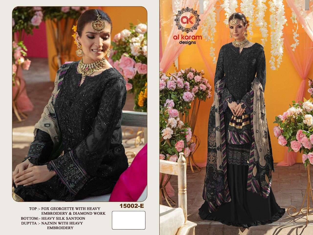 AL KARAM 15002 COLOURS BY AL KARAM DESIGNS 15002-A TO 15002-E SERIES DESIGNER PAKISTANI SUITS BEAUTIFUL STYLISH FANCY COLORFUL PARTY WEAR & OCCASIONAL WEAR HEAVY GEORGETTE EMBROIDERED DRESSES AT WHOLESALE PRICE
